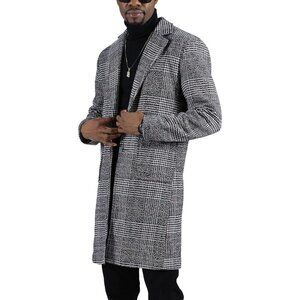 Mens Dark Gray Winter Notched Collar Single Breasted Plaid Mid Long Trench Coat